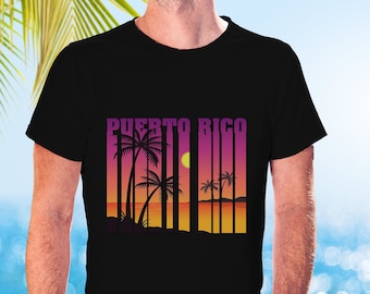 May include: A black t-shirt with a graphic design of palm trees and a sunset with the text "PUERTO RICO" in a retro style.