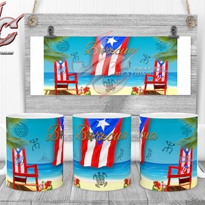 May include: Two white ceramic mugs with a beach scene design. The mugs feature a red and white Puerto Rican flag, a beach chair, palm trees, and the words "Boricua" and "Craft Creations".