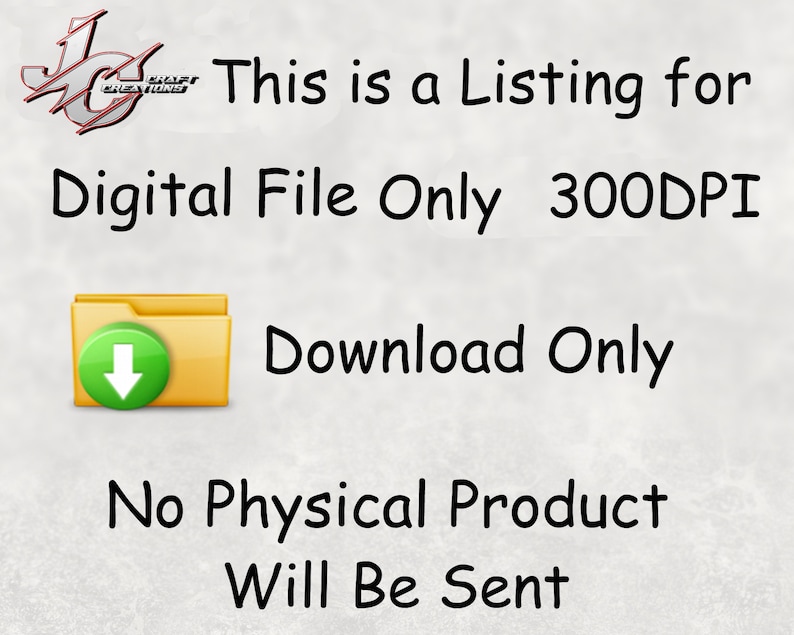 Op de afbeelding: Een digitaal bestand downloadpictogram met een gele map en een groene pijl die naar beneden wijst. De tekst "This is a Listing for Digital File Only 300DPI Download Only No Physical Product Will Be Sent" is in het zwart geschreven.
