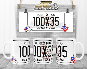 May include: Three white ceramic mugs with a Puerto Rican license plate design. The mugs feature the text "PUERTO RICO" and "Isla Del Encanto" along with the numbers "100X35".