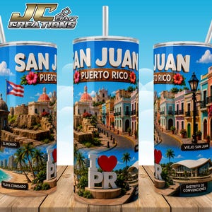 May include: Three cylindrical tumblers with straws featuring a San Juan, Puerto Rico theme. The design displays El Morro, colorful colonial buildings in Viejo San Juan, Playa Condado, and the Distrito de Convenciones, with the text I heart PR.