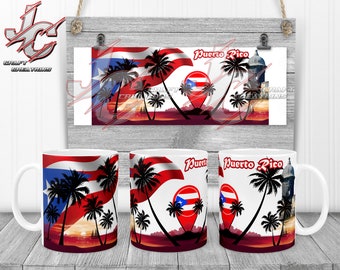 May include: White ceramic mug with a colorful design featuring a sunset, palm trees, and the Puerto Rican flag. The text "Puerto Rico" is printed on the mug.