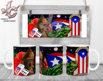 May include: Three white ceramic mugs with a design featuring a red hibiscus flower, a brown building with a red roof, a green lizard, and a Puerto Rican flag. The mugs have the words "Puerto Rico" and "Dominoes" printed on them.