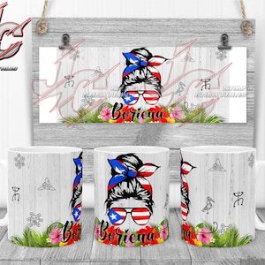 May include: Three white ceramic mugs with a woodgrain pattern. Each mug features a colorful illustration of a woman with a bun, wearing sunglasses and a headband with the Puerto Rican flag colors. The text "Boricua" is printed below the woman's image. The mugs are surrounded by tropical flowers and leaves.