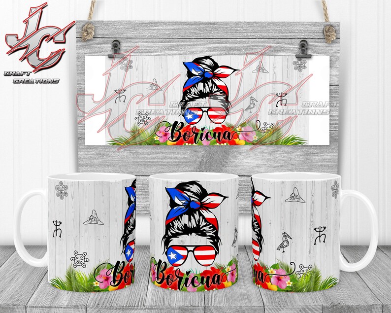 May include: Three white ceramic mugs with a woodgrain pattern. Each mug features a colorful illustration of a woman with a bun, wearing sunglasses and a headband with the Puerto Rican flag colors. The text "Boricua" is printed below the woman's image. The mugs are surrounded by tropical flowers and leaves.