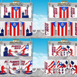 Könnte beinhalten: Satz von sechs weißen Keramikbechern mit verschiedenen Designs, die die puerto-ricanische Flagge, Baseballspieler und die Worte "Puerto Rico" zeigen.