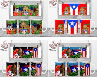 May include: White ceramic mugs with Puerto Rican flag and cultural imagery. Designs include the Puerto Rican flag, a fort, hibiscus flowers, and a frog. The mugs are displayed with matching rectangular art prints.