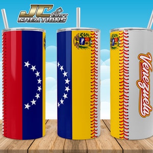 May include: Three stainless steel tumblers with a baseball stitch design. The first tumbler features the Venezuelan flag, the second tumbler features the Venezuelan coat of arms, and the third tumbler features the word "Venezuela" in a stylized font.