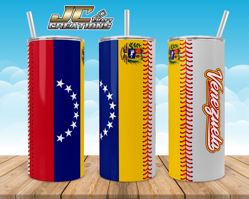 May include: Three stainless steel tumblers with a baseball stitch design. The first tumbler features the Venezuelan flag, the second tumbler features the Venezuelan coat of arms, and the third tumbler features the word "Venezuela" in a stylized font.