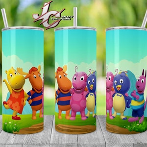 May include: Three stainless steel tumblers with a turquoise background and a colourful cartoon image of a group of animals. The animals are a yellow moose, a pink moose, a purple creature with antennas, a blue penguin, and a purple dog. The tumblers are ideal for keeping drinks cold or hot.