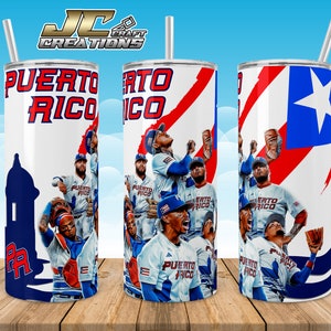 May include: Three stainless steel tumblers with a Puerto Rico baseball theme. The tumblers feature a white background with a blue and red Puerto Rican flag design, a blue silhouette of a building, and a collage of baseball players wearing Puerto Rico jerseys. The text "PUERTO RICO" is printed on the tumblers.