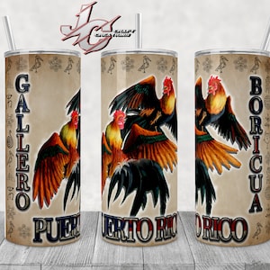 May include: A stainless steel tumbler with a design featuring roosters and the words "Gallero Puerto Rico" and "Boricua" on a brown background with a red, white, and blue stripe.
