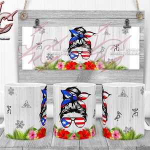 May include: Three white ceramic mugs with a woodgrain design. Each mug features a colorful design of a woman with a bun in her hair wearing sunglasses and a Puerto Rican flag bandana. The design also includes flowers and tropical leaves.