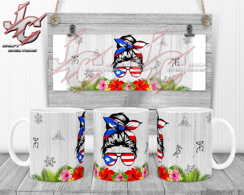 May include: Three white ceramic mugs with a woodgrain design. Each mug features a colorful design of a woman with a bun in her hair wearing sunglasses and a Puerto Rican flag bandana. The design also includes flowers and tropical leaves.