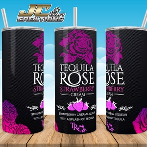May include: A black and pink stainless steel tumbler with a design featuring a pink rose and the text "Tequila Rose Strawberry Cream". The design also includes strawberries and the text "Strawberry Cream Liqueur with a Splash of Tequila".
