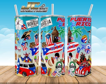 May include: A blue and white tumbler with a Puerto Rican theme. The tumbler features a variety of images, including the Puerto Rican flag, a map of Puerto Rico, and the words "Puerto Rico".