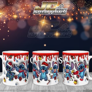 May include: White ceramic mug featuring a festive design with the character Stitch in a Santa hat and scarf. The mug has a red dripping paint design at the top and is decorated with Christmas elements. The text "JC Craft Creations" is at the top.