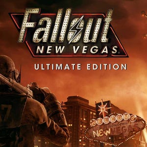 May include: The Fallout: New Vegas Ultimate Edition game cover features a post-apocalyptic scene with a figure in armor holding a rifle. The title is in a retro neon style, with a lightning bolt. The background shows a cityscape and a tower.
