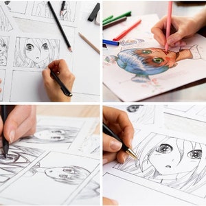 以下が含まれることがあります： 4 人の異なる人が漫画スタイルのイラストを描いているクローズアップ。画像には、長い髪の若い女性、短い髪の若い男性、長い髪のヘッドバンドをした若い女性が含まれています。画像は白い紙に黒いインクで描かれています。