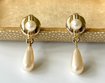 Fabolous Vintage 22ct Gold Plated Round Dangle Statement Post Earrings, Teardrop Faux Pearl, Classic Bridal Women's Jewellery, Gift For Her