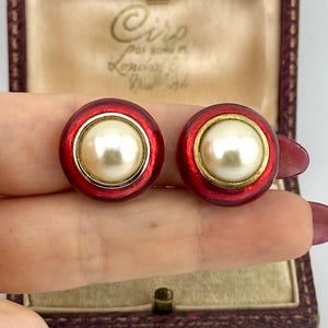 Vintage 80s Gold Pearl Clip-On Earrings, Burgundy Red Enamel Studs, Designer Collectable Jewelry, Statement Earrings, Timeless Gift For Her