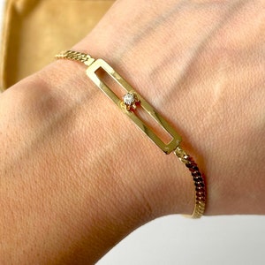 Vintage Gold Minimalist CZ Bracelet, 1980s Flat Link Chain, Elegant Dainty Retro Jewellery for Her