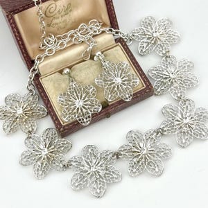 Vintage Silver Plated Filigree Floral Jewelry Set, 1980s Crystal Statement Necklace & Clip-On Earrings, Feminine Bridal Set, Gift For Her