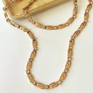 Vintage 1980s Avon Greek Key Necklace Bracelet Set, Gold Crystal Statement Jewelry