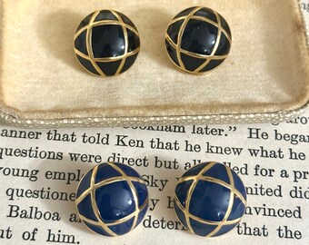 Elegant Vintage 1990s 18ct Filled Art Deco Navy Blue Black Enamel Clip On Statement Earrings, Dome Earrings, Women's Jewellery, Gift For Her