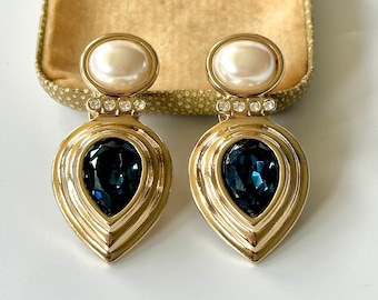 Fabolous Vintage 1980s 18ct Gold plated Faux Pear Royal Blue Teardrop Austrian Crystal Statement Clip-on Earrings, Women's Jewellery, Gift