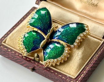 Stunning Vintage 1990s Designer CABOUCHON Butterfly Green Blue Enamel Austrian Crystal Statement Brooch, Nature/Insect Brooch/Gift For Her