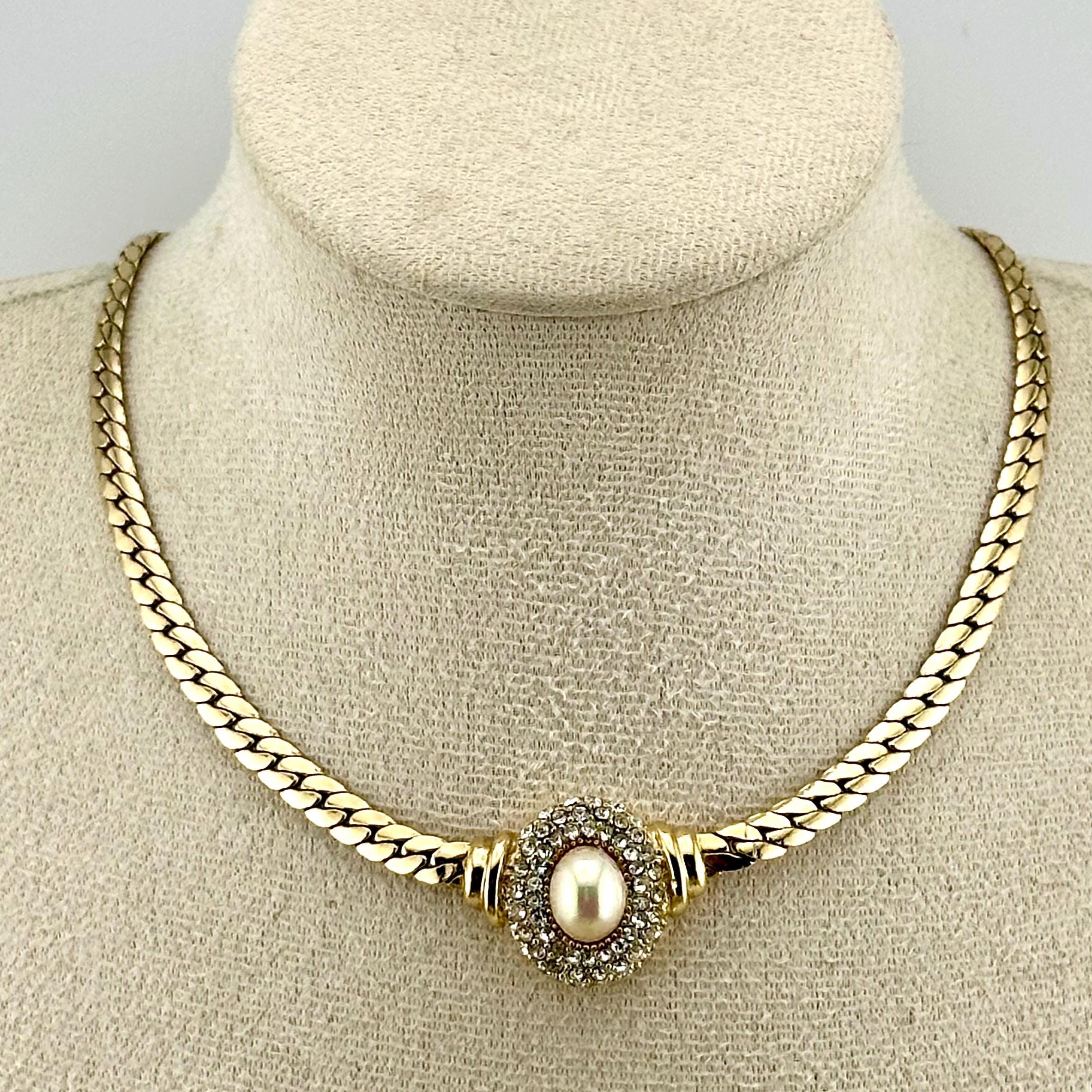 Vintage Christian Dior Gold Choker Necklace, 1980s Pearl & Crystal