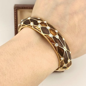 Vintage Gold Austrian Crystal Cuff Bracelet, 1980s Enamel Hinged Bangle, Designer Serpent Statement Jewelry