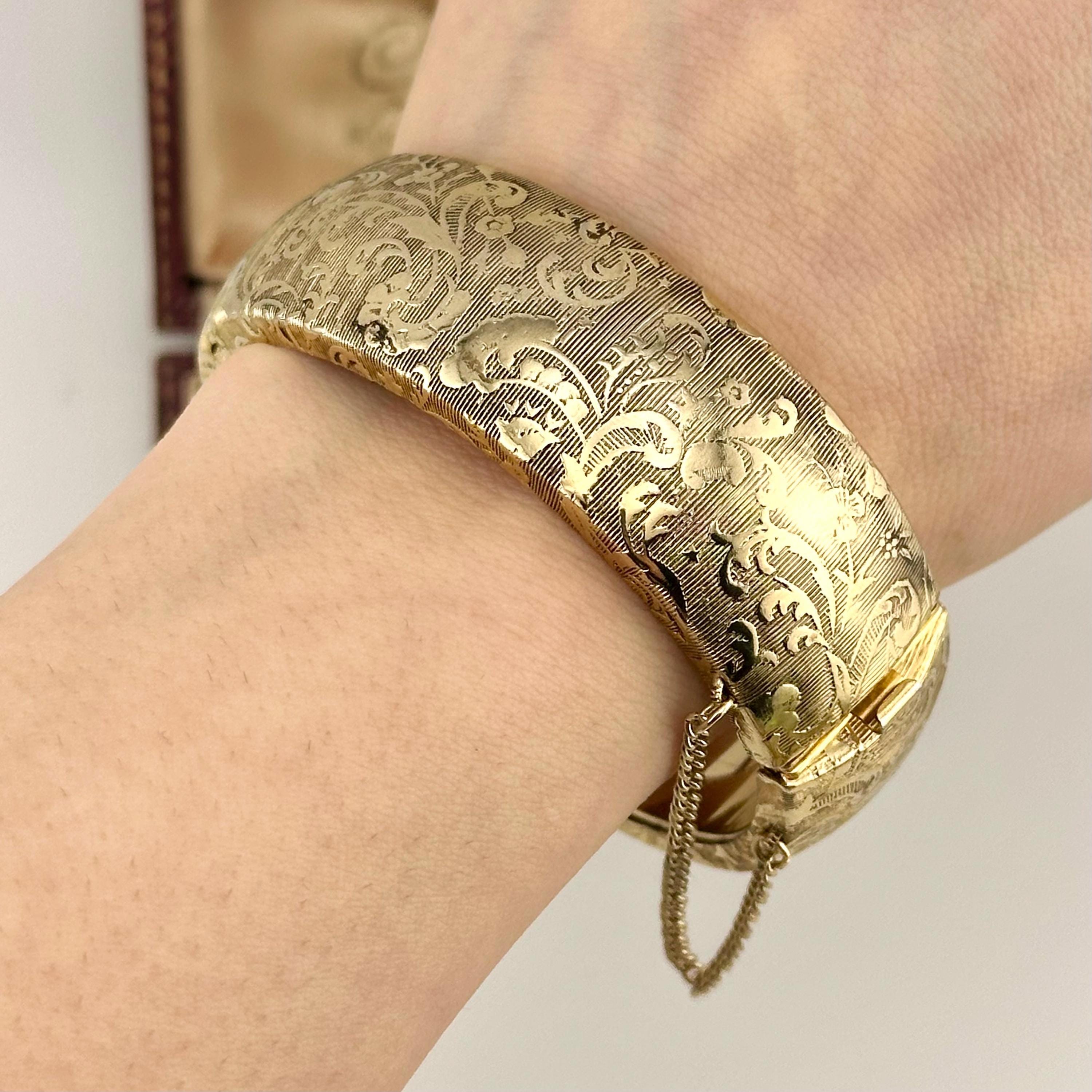 Vintage 1/10  Gold Floral Engraved Cuff Hinged Bracelet Vintage Floral Engraved Gold Fill Bangle Bracelet, Victorian  main image 2