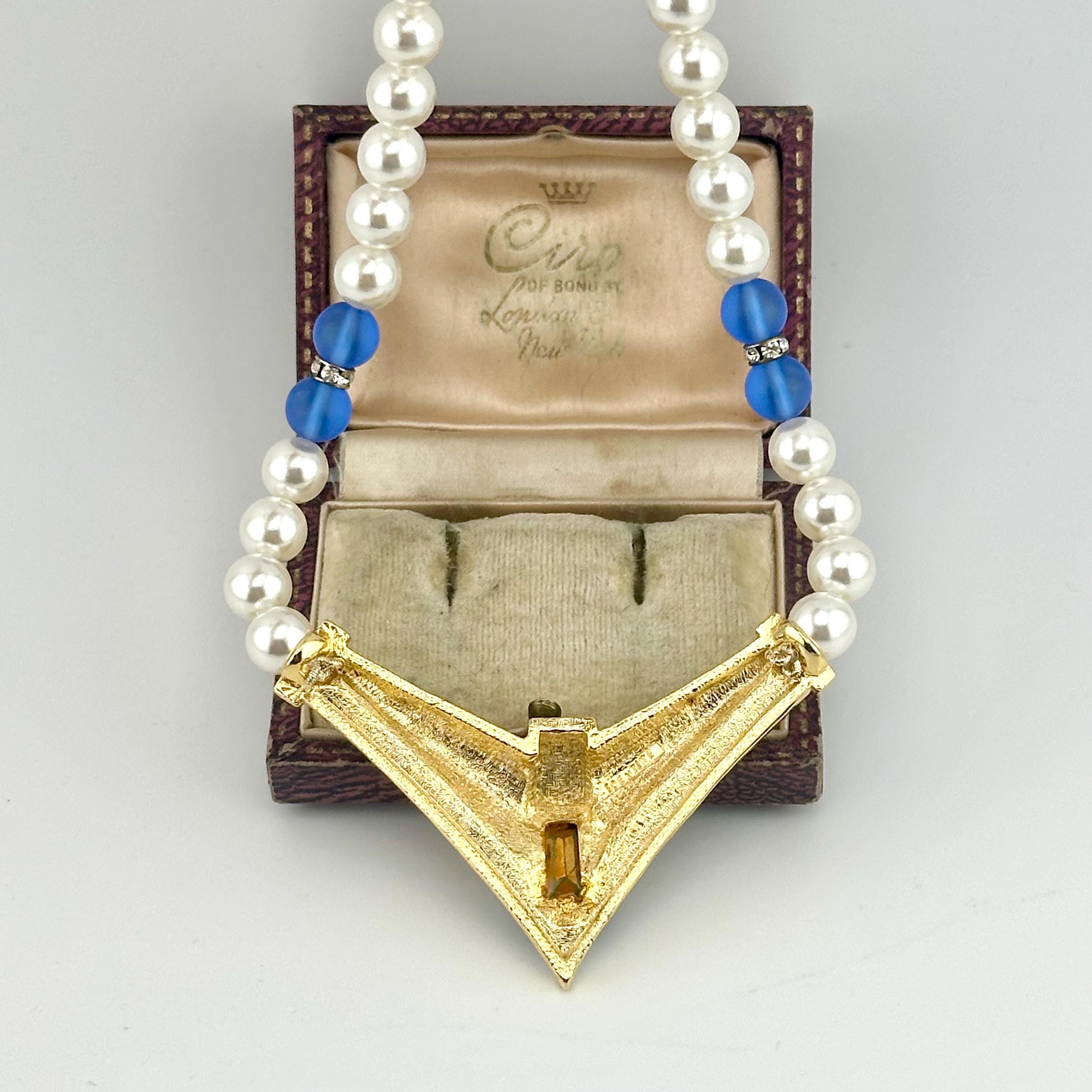 vintage ガラスビーズ ネックレス /aflogical jewelrys Vintage 1980s Sapphire Blue Swarovski Crystal Pearl Statement