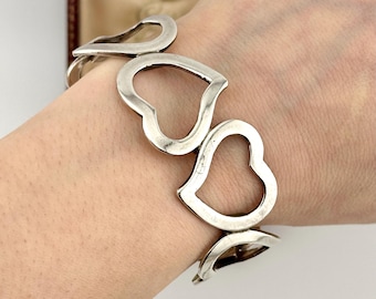 Vintage Taxco Heart Link Cuff Bracelet, 925 Sterling Silver Mexican, Minimalist Statement Love Cuff