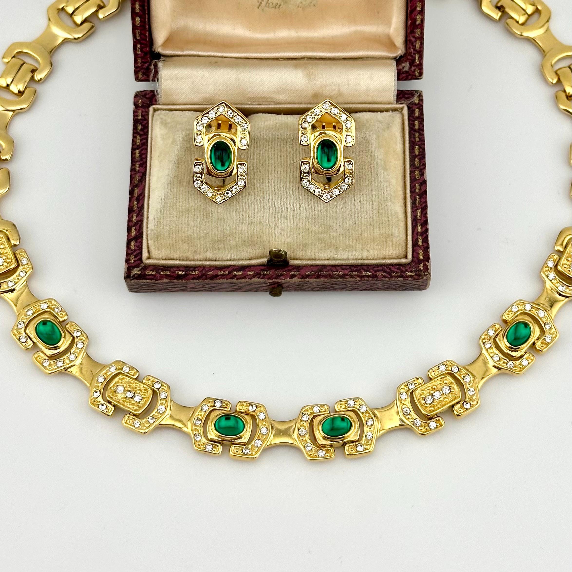 Vintage Gold Emerald Green Cabochon Link Jewelry Set, 1980s Dior