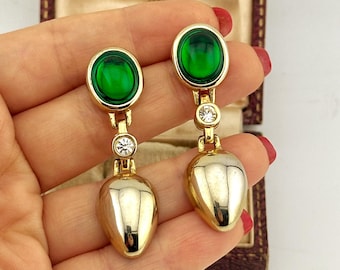 Vintage Gold Emerald Green Glass Drop Earrings, 1980s Art Deco Glamour, Statement Bold Jewelry