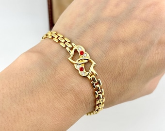 Vintage 1980s Gold Panther Link Bracelet, Double Heart Red Clear Crystal Watchband, Romantic Jewellery