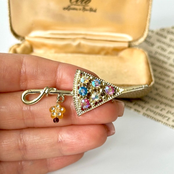 Fabolous Vintage 1950s Designer Coro 18ct Gold Plated Umbrella Rainbow Aurora Borealis Crystal Pin Brooch/Vintage Collectable, Gift For Her