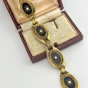 ヴィンテージ 1960年代 スフィンクス ゴールド ダイヤモンドカット ジェットブラック ブレスレット、スターバースト パールリンク、ステートメントジュエリー 画像 3