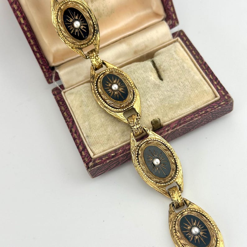 ヴィンテージ 1960年代 スフィンクス ゴールド ダイヤモンドカット ジェットブラック ブレスレット、スターバースト パールリンク、ステートメントジュエリー 画像 3