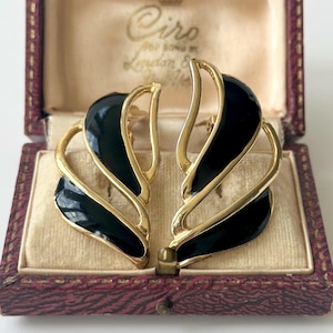 Vintage 1980s Gold Abstract Earrings, Black Enamel Oversized Clip-Ons, Bold Retro Statement Jewelry, Evening Couture Collector Gift