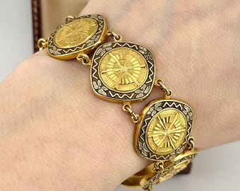 Vintage 1970s Damascene Gold Bracelet, Geometric Sunburst Medallion, Nautical Compass Statement, Toledo Black Enamel