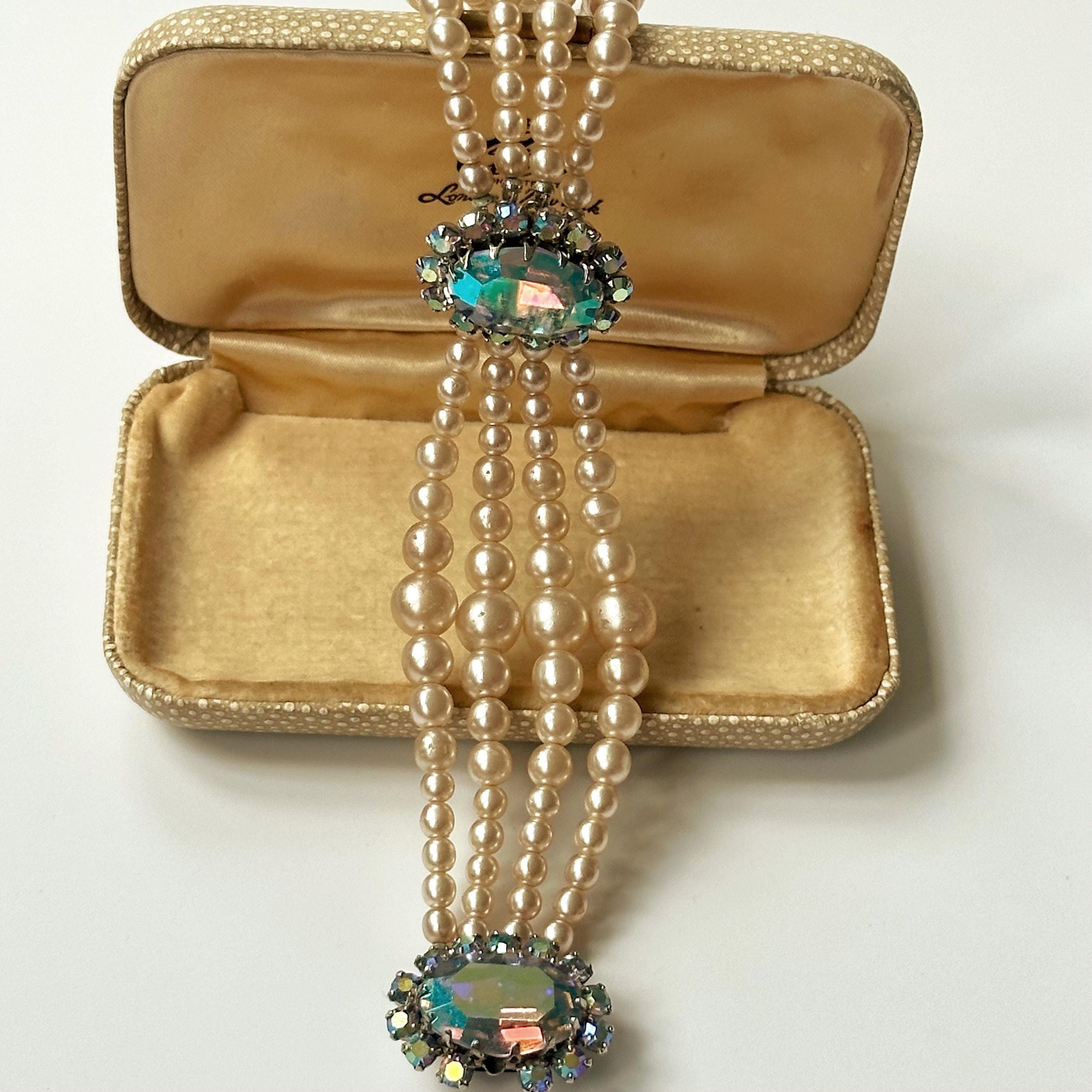 Vintage 1950s Aurora Borealis Crystal Pearl Bracelet, Mid-century 