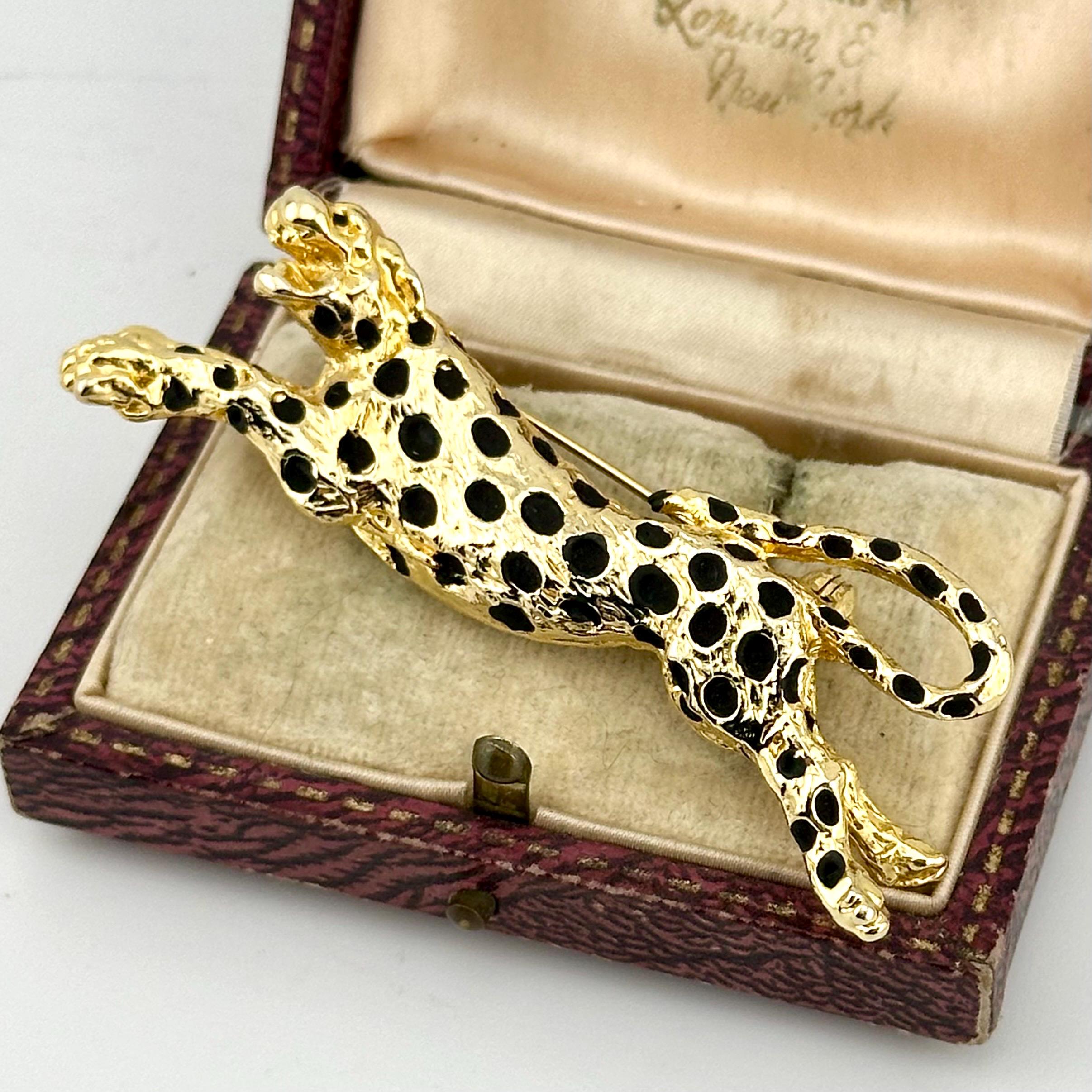 Vintage Gold-plated Panther Brooch, Black Enamel Spotted