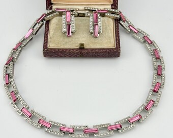 Vintage Art Deco Pink Crystal Set, 1980s Swarovski Baguette Necklace Earrings, Geometric Glamour Jewelry