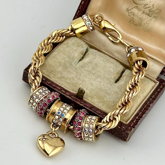 Vintage Gold Charm Statement Bracelet, Ruby & AB … - image 7