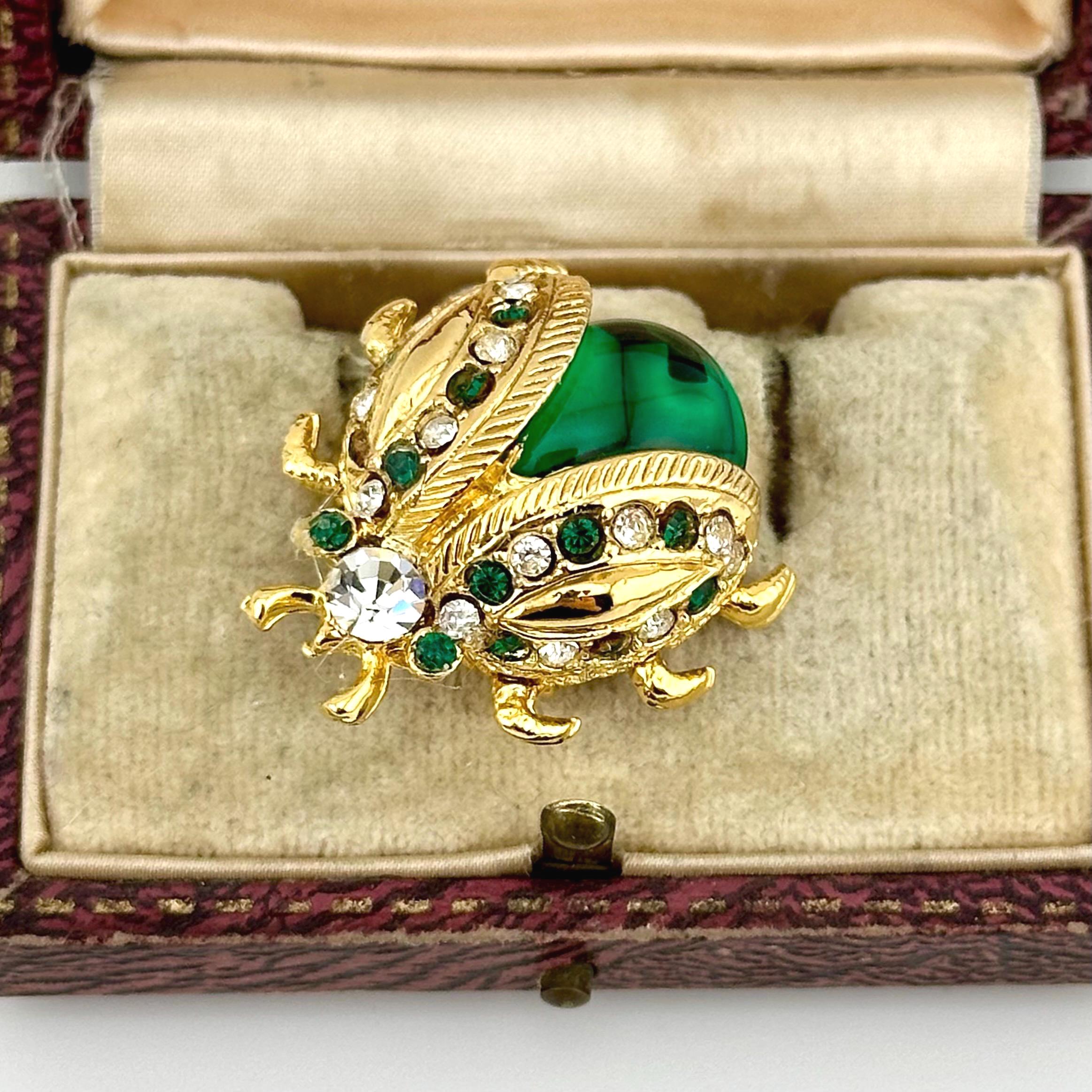 Vintage Sphinx Jelly Belly Ladybug Brooch,1950s Gold Emerald Green