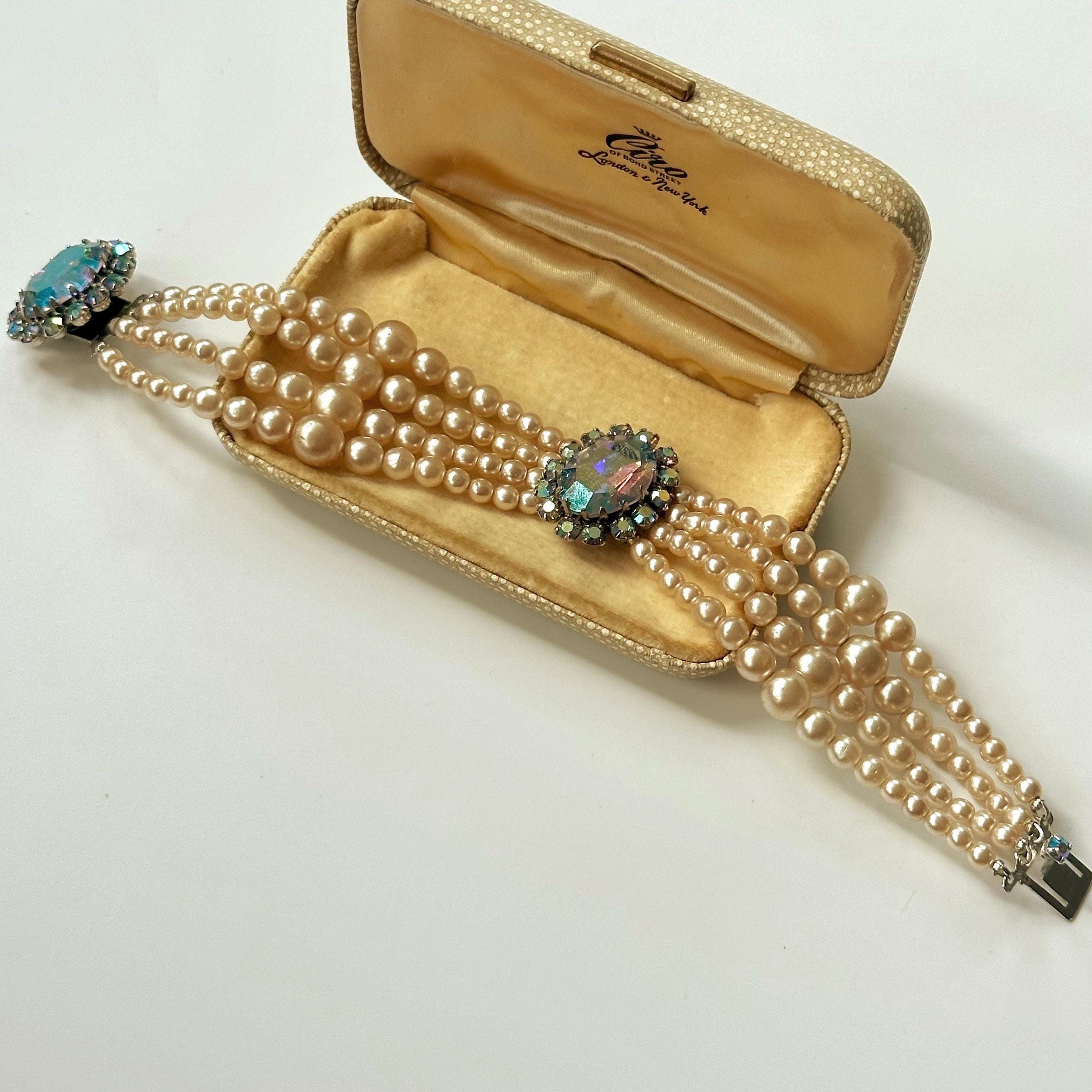 Vintage 1950s Aurora Borealis Crystal Pearl Bracelet, Mid-century 